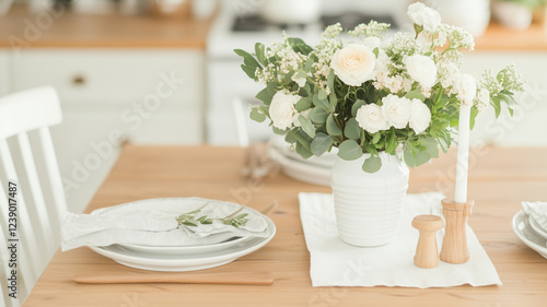 Wallpaper Mural beautifully arranged dining table featuring white plates, floral centerpiece, and elegant tableware, creating warm and inviting atmosphere for meal Torontodigital.ca