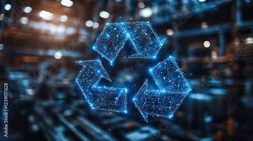 Digital representation of recycling symbol in a warehouse, highlighting sustainability efforts