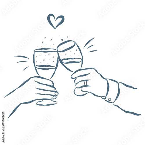 Line Art Illustration of Hands with Wine. Vector Graphic.
