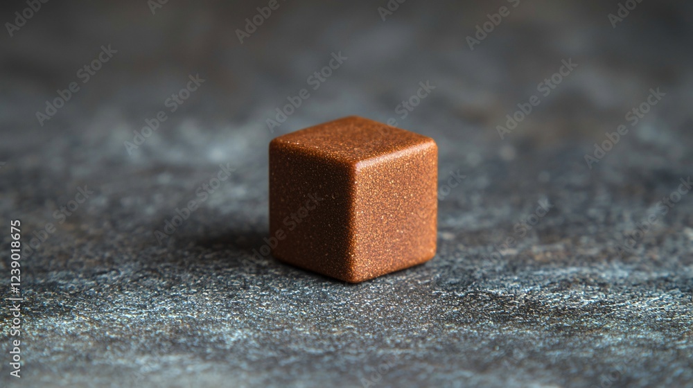 Brown Square Piece Resting Centrally On Grey Textured Surface Simple Minimalist Object Still Life. Brown Square Piece Resting Centrally On Grey Textured Surface Simple Minimalist Object Still Life.