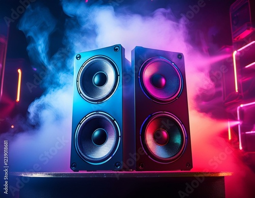 pulsating neon speakers in smoky nightclub atmosphere with vibrant lighting