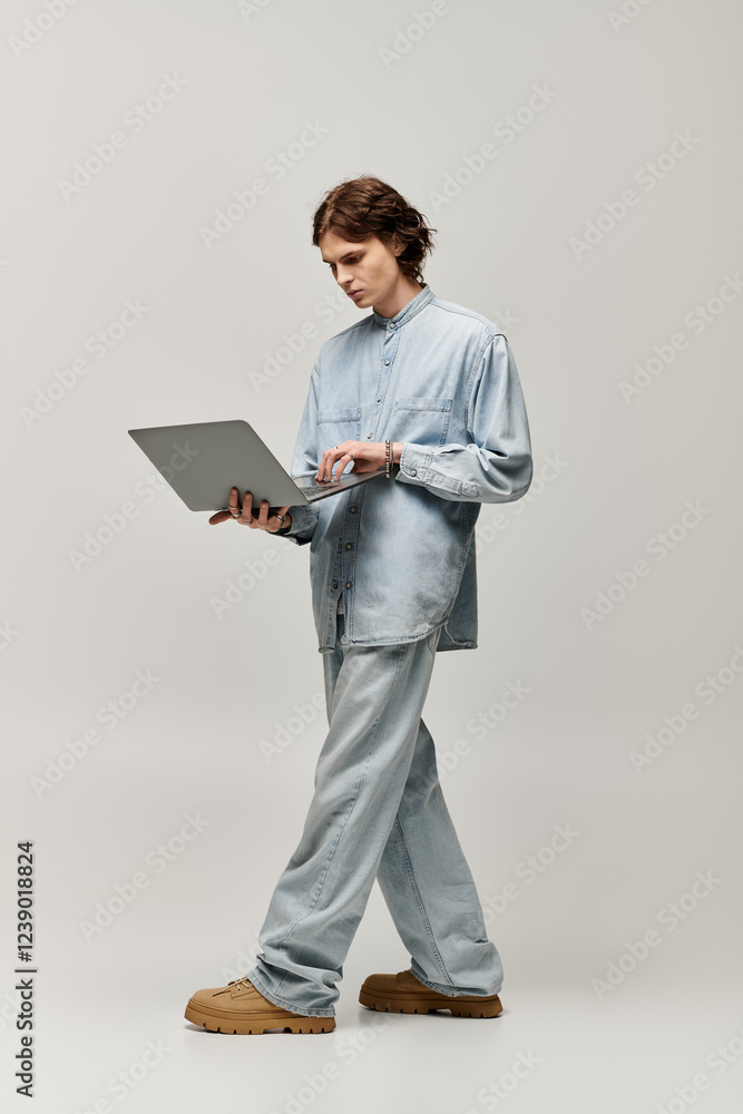 Man in fashionable attire interacts with a laptop, immersed in thoughtful concentration. Man in fashionable attire interacts with a laptop, immersed in thoughtful concentration.