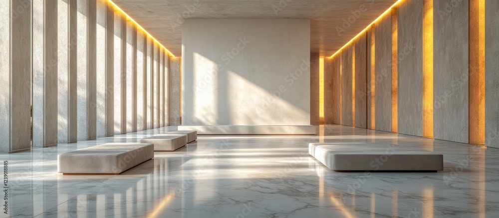 Fototapeta premium Minimalist Geometric White Interior Room with Marble Floor and Ambient Lighting
