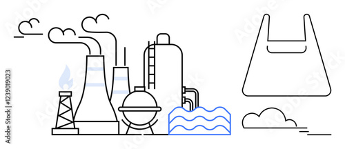 Industrial plant with smoke stacks, storage tanks, and water body. Pollution clouds and minimalist eco-friendly bag icon. Ideal for industry, pollution, conservation, climate change