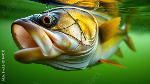 Freshwater fish opening mouth under water surface photo