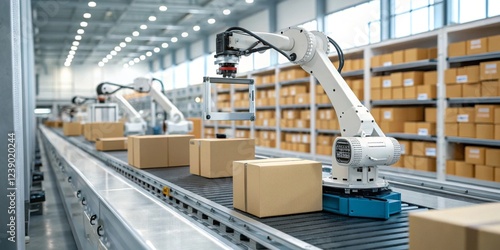 Automated robotic arms sorting and moving packages in a high-efficiency warehouse environment for streamlined logistics photo