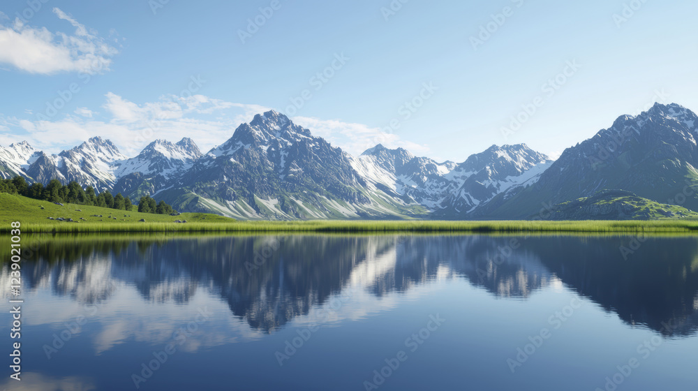 serene landscape featuring majestic mountains reflected in calm lake, surrounded by lush greenery and clear blue skies serene landscape featuring majestic mountains reflected in calm lake, surrounded by lush greenery and clear blue skies