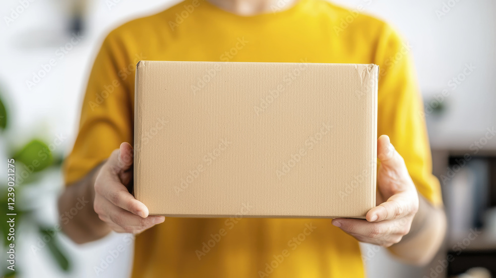 delivery person holds cardboard box, showcasing excitement of receiving package delivery person holds cardboard box, showcasing excitement of receiving package