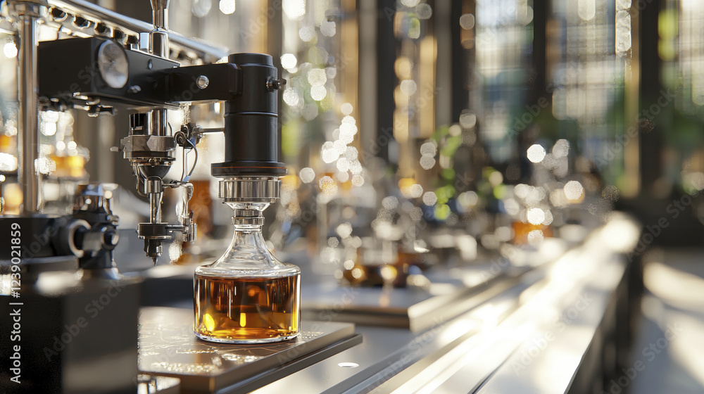 modern laboratory setting showcasing glassware filled with amber liquid, reflecting light beautifully modern laboratory setting showcasing glassware filled with amber liquid, reflecting light beautifully