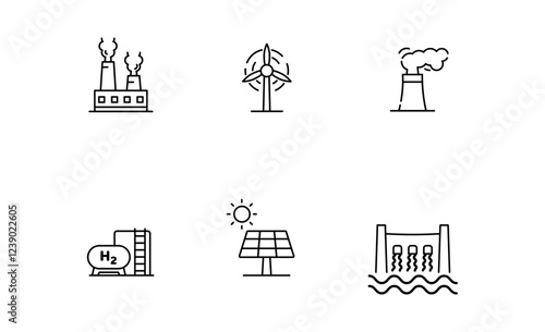 Set of Power plant or Renewable Energy icon, Nuclear Power Plant, Wind Turbines, Ecology, Solar Energy, Hydropower Plant. Outline icon, Editable Stroke