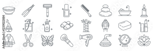 Beauty and Spa icons set, Included icons as Bamboo, Soap, Feather, Lotus Flower and more symbols collection, logo isolated vector illustration
