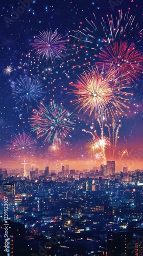 Vibrant Fireworks Display Over City Night Skyline