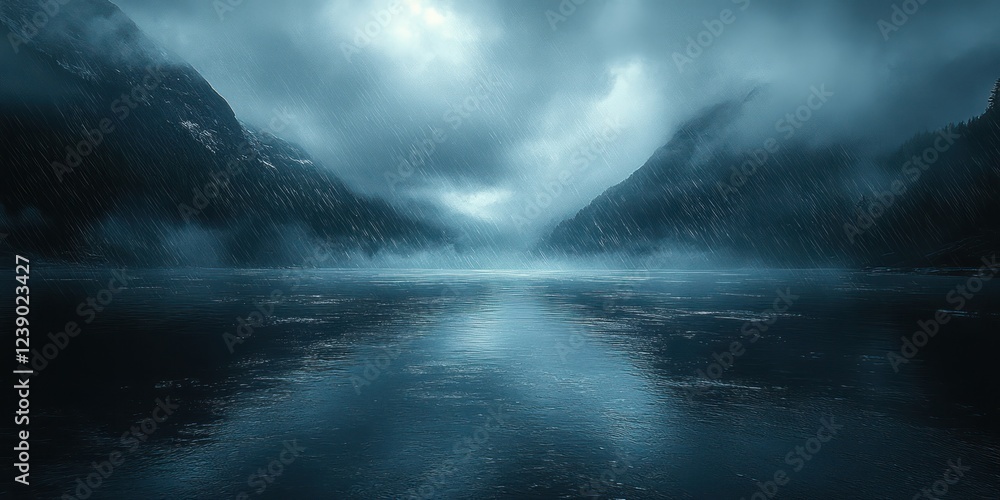 Fototapeta premium Dark Moody Rainy Landscape with Reflective Surface and Ethereal Light