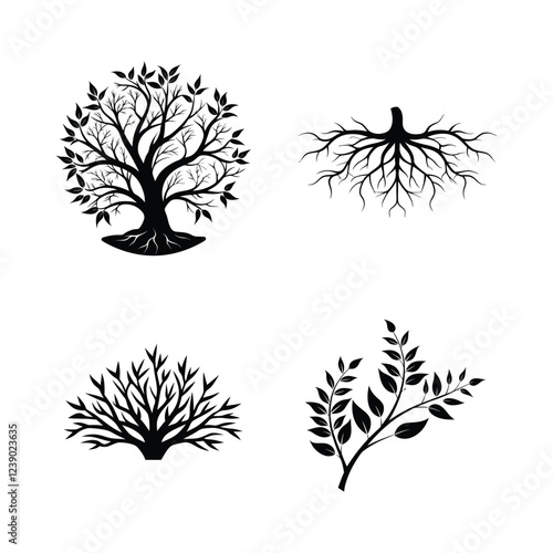 set of trees silhouettes branches