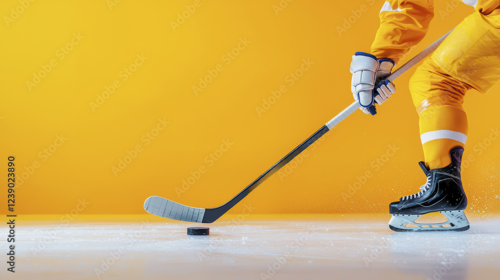 Obraz premium Hockey player in yellow uniform skating on ice with puck