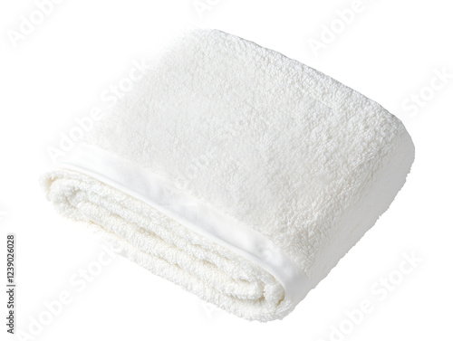 Luxurious white towel folded with a satin trim, soft and fluffy, isolated on transparent background, PNG, cut out, perfect for spa, hotel or bathroom décor