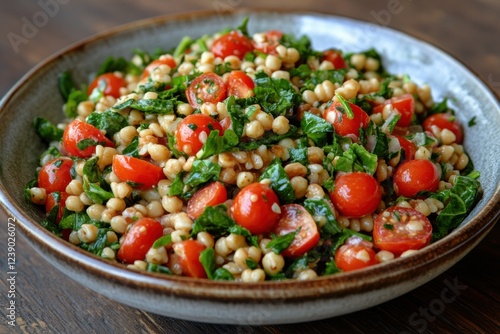 Fresh Tomato and Greens Salad with Whole Grains in a Rustic Bowl on a Wood Table