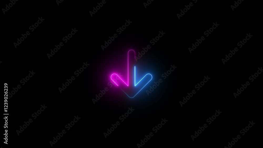 Arrow down shopping symbol icon animation neon glow blue and pink color on black background Arrow down shopping symbol icon animation neon glow blue and pink color on black background