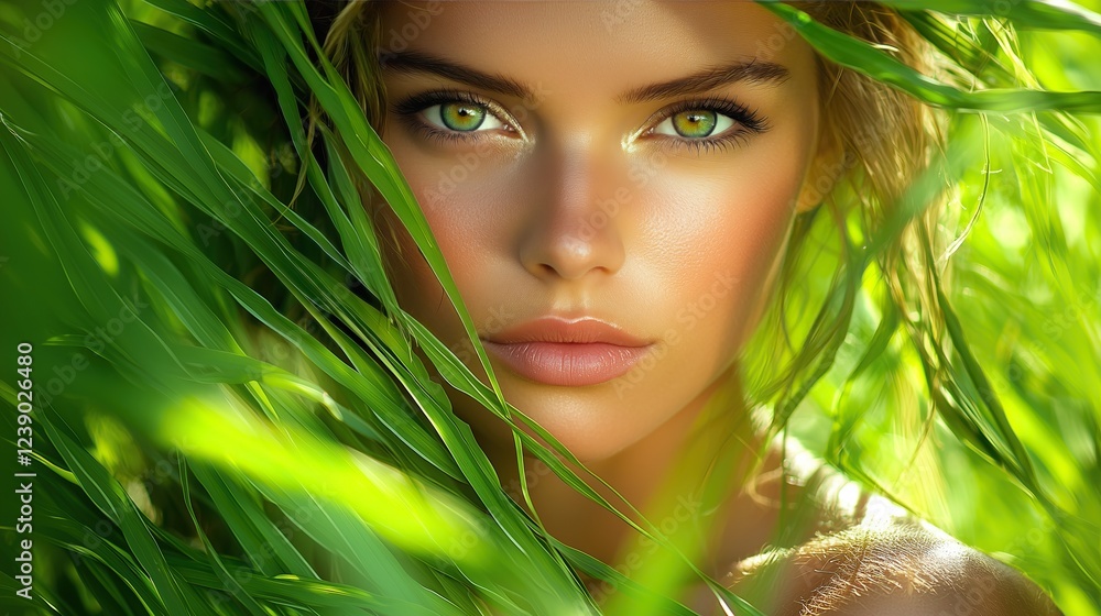 Fototapeta premium woman face partially hidden by vibrant green foliage natural beauty and serenity