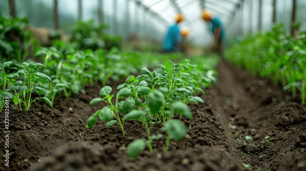 Farm workers analyzing the growth of the vegetables in the greenhouse Farm workers analyzing the growth of the vegetables in the greenhouse
