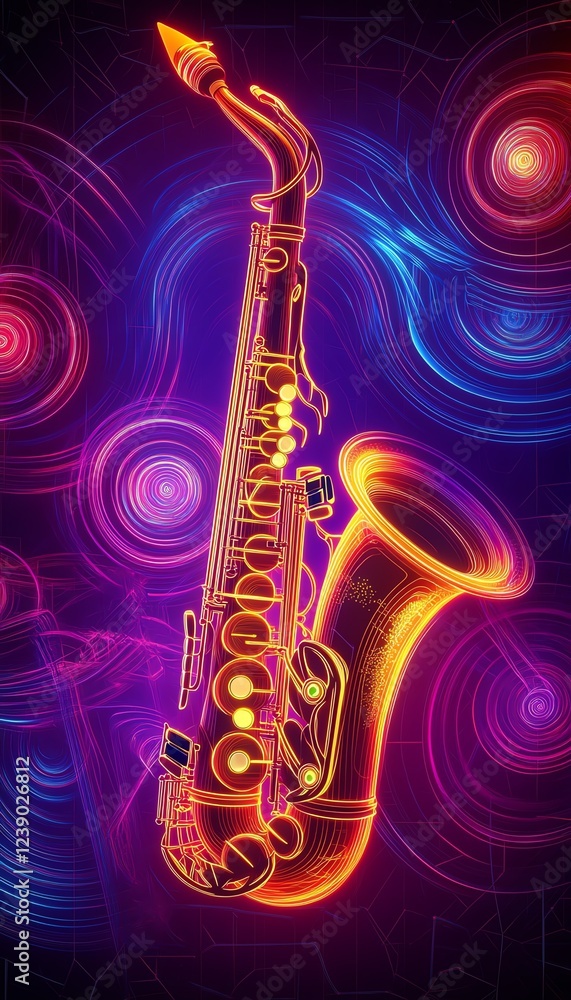 Fototapeta premium Colorful neon saxophone shines in vibrant abstract background.