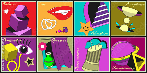 Eight colorful motivational psychedelic posters. Acid palette. Vector set