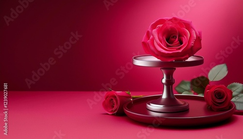 crimson rose on a tumbler cake stand on crimson backgrounds developments composition