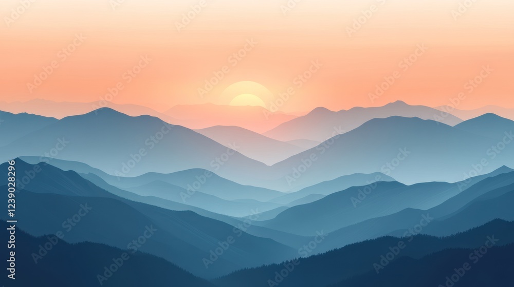 Fototapeta premium Serene sunset over layered blue mountains.