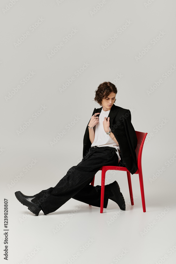 Handsome young man dressed in sleek attire sits on a vibrant chair, exuding charisma. Handsome young man dressed in sleek attire sits on a vibrant chair, exuding charisma.