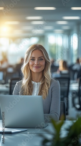 Free Download Confident businesswoman working on laptop in modern office professionalism and success - GFXLoad