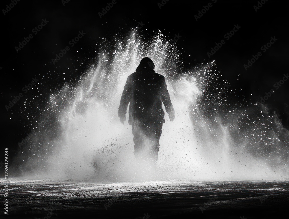 Obraz premium Dynamic Dance Motion of Slim Girl in Gymnastic Bodysuit Surrounded by Clouds of White Powder and Dust