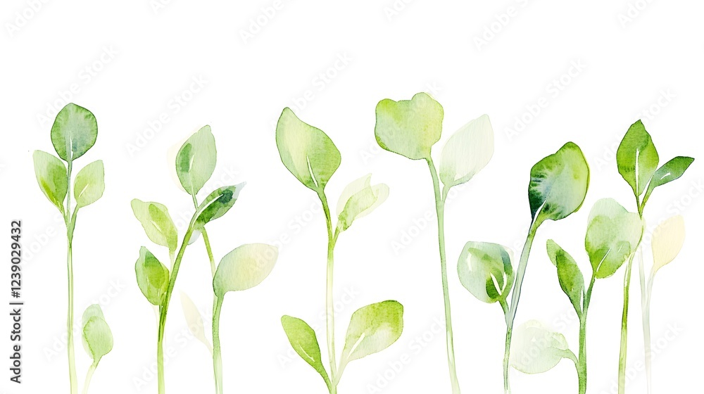 Watercolor Painting of Delicate Green Plant Sprouts Watercolor Painting of Delicate Green Plant Sprouts