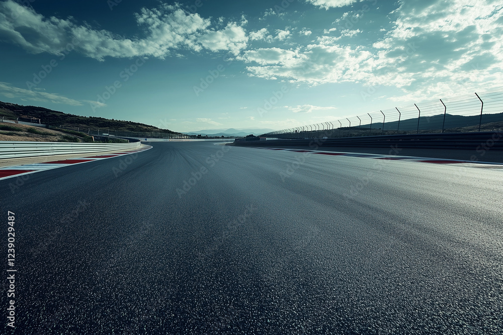 Fototapeta premium An Empty Asphalt Race Track for Motorsport, Capturing the Quiet Majesty and Vast Expanse of a Deserted Circuit under a Brooding Sky