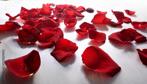 unfastened red rose petals scattered on white floor with intentional overexposure