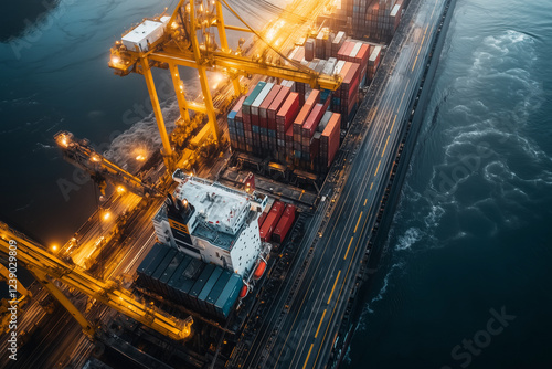 Selective focus cargo container lifting at port with massive cargo ship, Aerial view of crane with container lifting at the harbour.