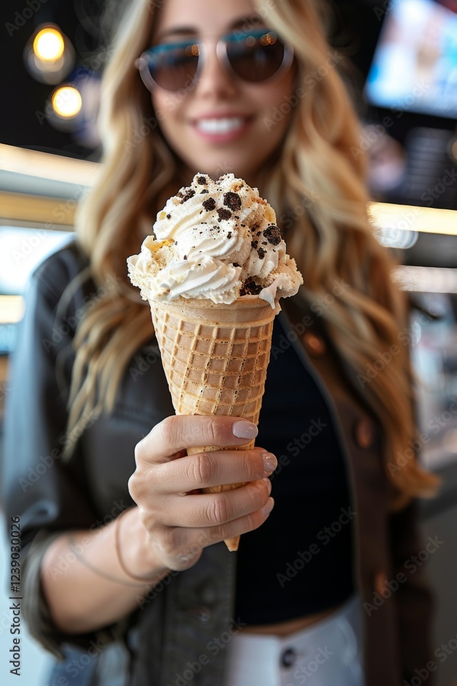 ice cream cone in hand. Female, woman, holding a fresh ice cream cone her hand. Vanilla ice cream with chocolate sprinkles, flakes, in wafer cone. ice cream cone in hand. Female, woman, holding a fresh ice cream cone her hand. Vanilla ice cream with chocolate sprinkles, flakes, in wafer cone.