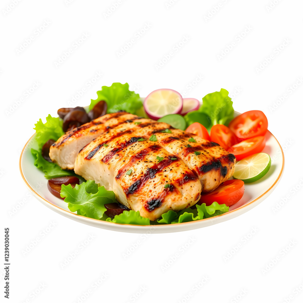 Grilled chicken breast and fresh vegetable salad in a plate on white background Grilled chicken breast and fresh vegetable salad in a plate on white background