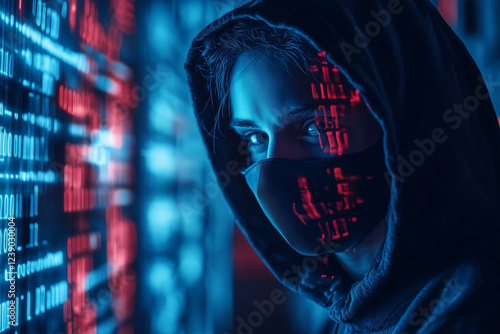 A shadowy hacker in a mask emerges against a pitch-black background enhanced by dynamic digital effects that create an atmosphere of secretive cyber activity and futuristic intrigue. photo