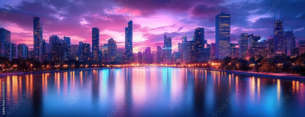 Fototapeta premium Vibrant Seoul Skyline at Dusk with Lotte World Tower Reflections on River