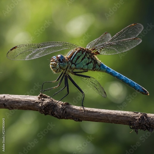 Photograph a dragonfly perched on a twig. photo