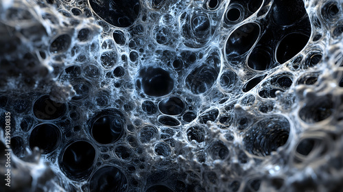 A 3D quantum foam in quicksilver and void black, bubbling with cosmic energy