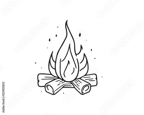 Classic oil painting style depiction of a fire flame with wood fire art symbol, blurred bokeh effect. Black and white line art illustration, clear background, simple lines, sharp subject focus, Vector