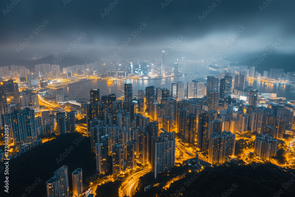 Fototapeta premium Cityscape view with plenty of tall building at night, Nightlife in city with warm light, Aerial view of building in civilization town.