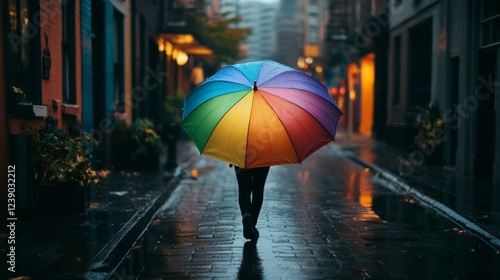 Person with Colorful Umbrella Walking in Rainy Urban Alley
