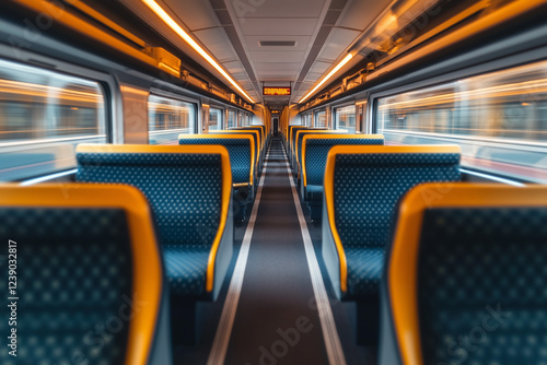 Interior view of business class train with big seat and space, Luxury train with comfy couch, Inside view of small train with window seat.