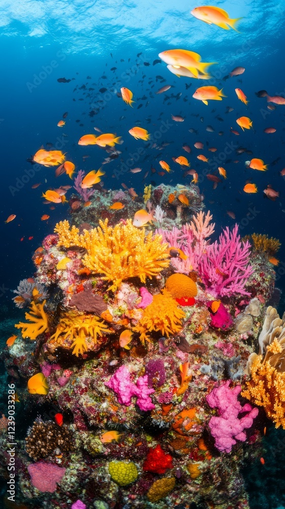 Obraz premium Vibrant Coral Reef with Colorful Fish in Tropical Ocean Waters