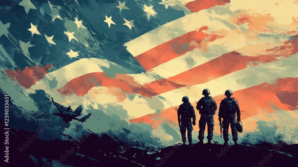 Fototapeta premium Soldiers Stand Silhouetted Against American Flag