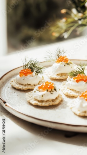 Gourmet snowflake-shaped crackers with salmon mousse and caviar on a plate