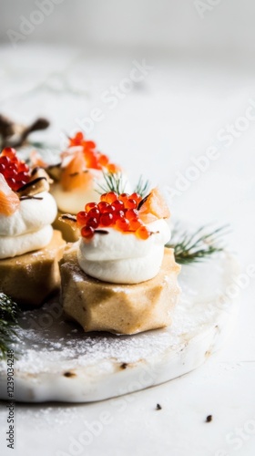 Delightful mini snowflake crackers with salmon mousse and caviar topping