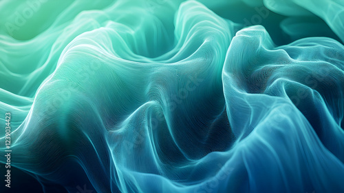 A futuristic 3D abstract artwork with a gradient of mint green and deep blue, featuring glowing, interconnected lines